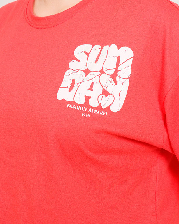 تي شيرت رافين نسائي "Sunday" قصير مطبوع - مرجاني - R207867