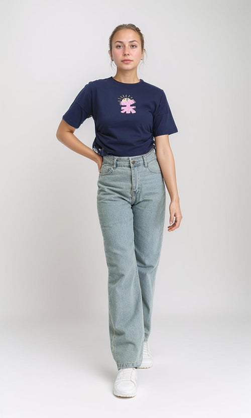 R207870 - Round Neck Printed Short Tee - Navy Blue