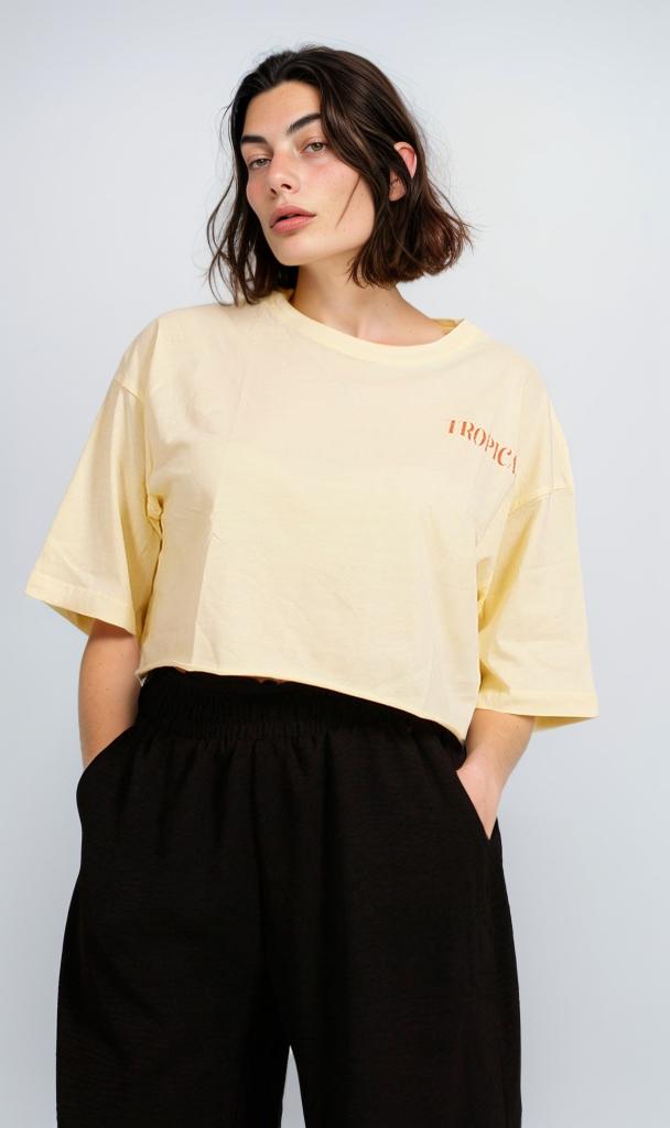 R207874 - Graphic Printed Cropped T-Shirt - Yellow