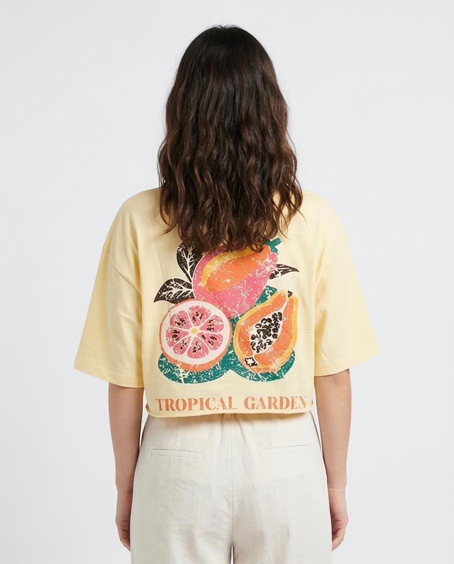 Ravin Tropical Papaya Graphic Boxy Crop Tee - Yellow - R207874