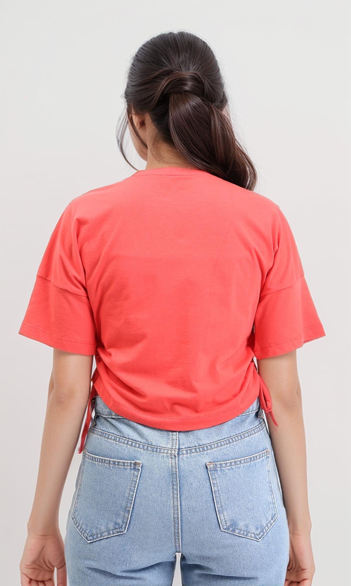 R207876 - تي شيرت بأكمام مطبوعة ومزود برباط - أحمر مائي