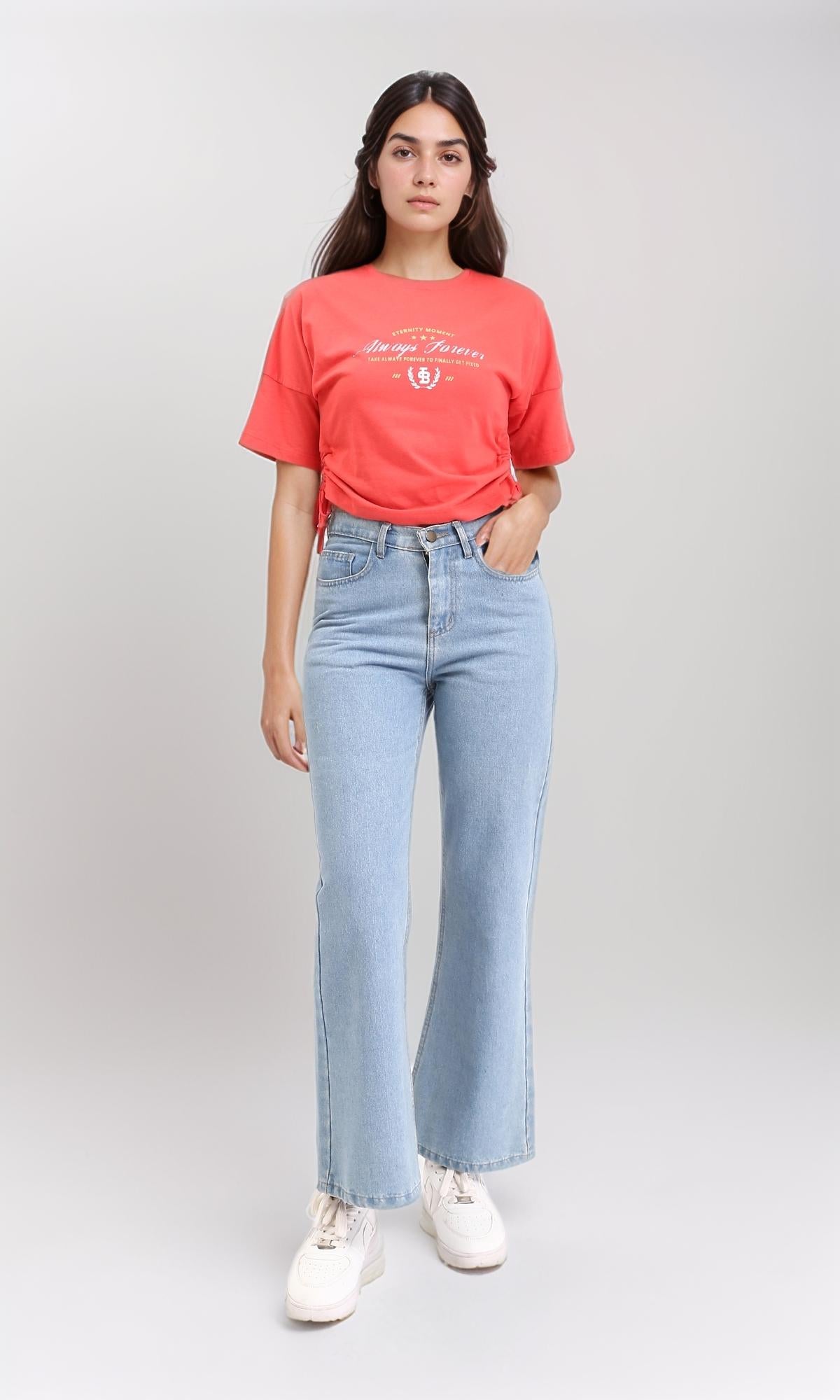 R207876 - تي شيرت بأكمام مطبوعة ومزود برباط - أحمر مائي