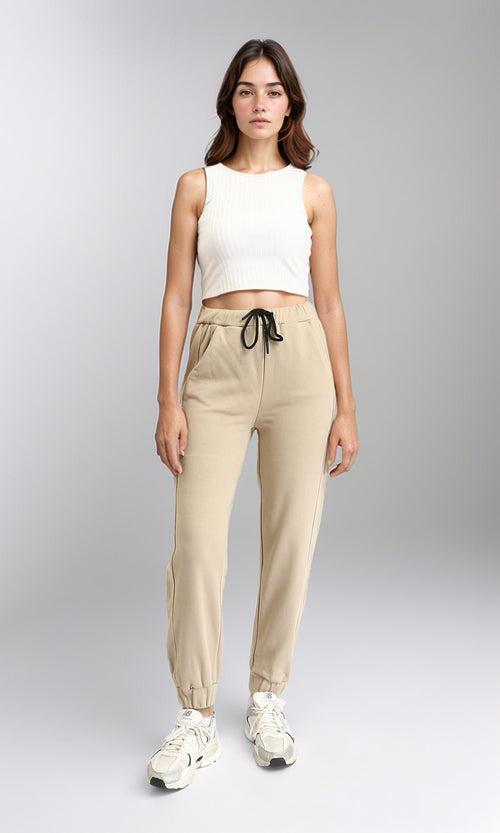 R207884 - Regular Fit Slip On Pants with Hem - Dark Beige