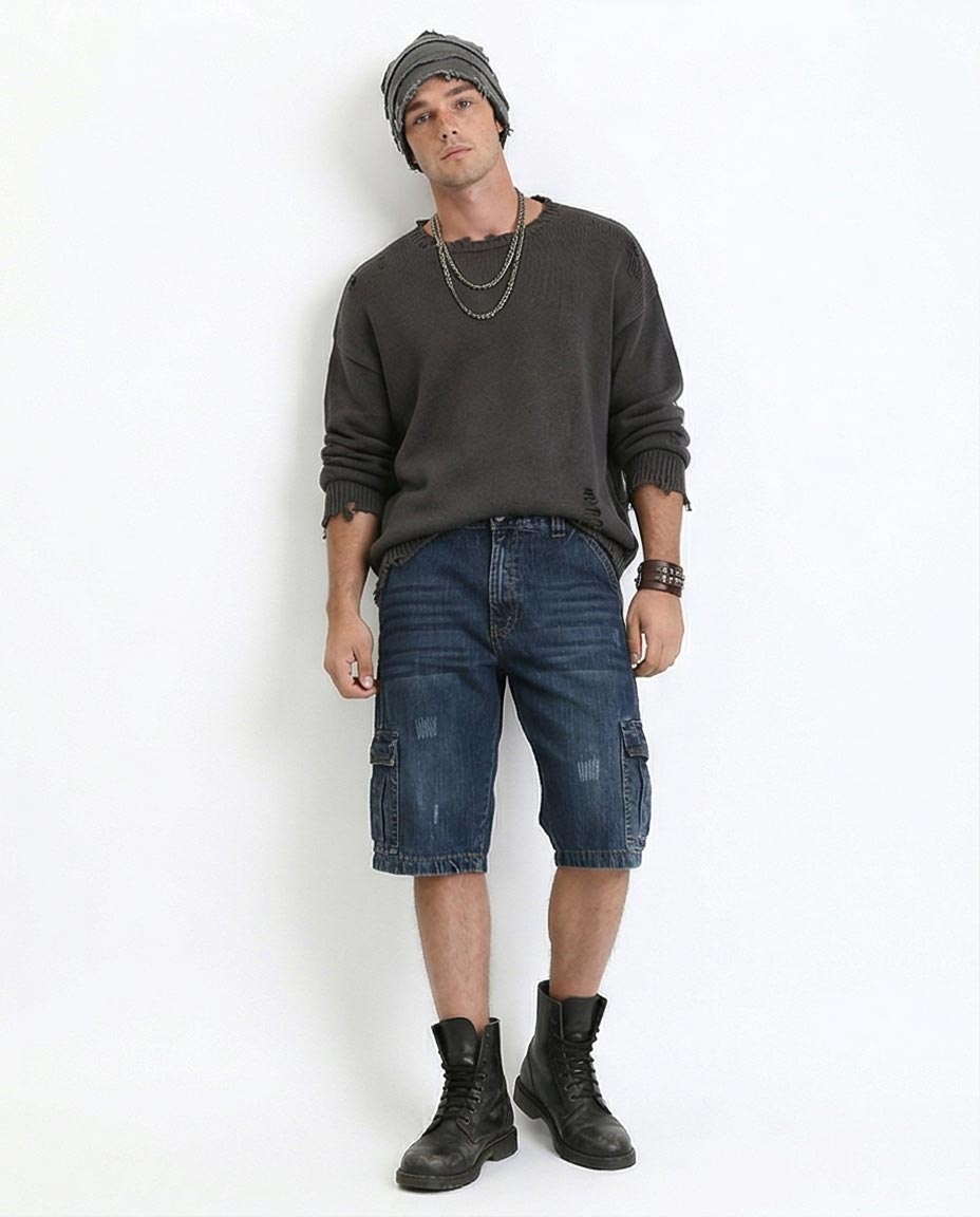 Ravin Men’s Dark Wash Distressed Cargo Denim Shorts – Regular Fit Multi-Pocket Jean Shorts - R207930