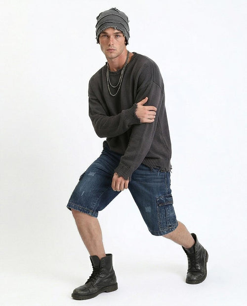 Ravin Men’s Dark Wash Distressed Cargo Denim Shorts – Regular Fit Multi-Pocket Jean Shorts - R207930