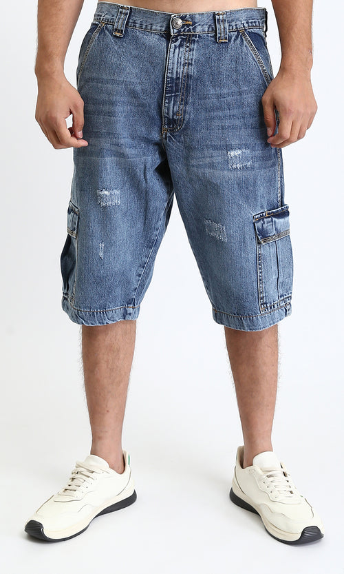 Regular Fit Denim Shorts with Pockets - Standard Blue