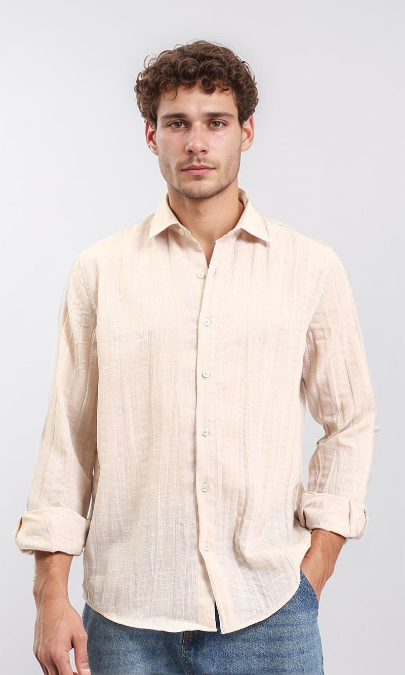 R207939 - Textured Long Sleeves Comfy Shirt - Dark Beige