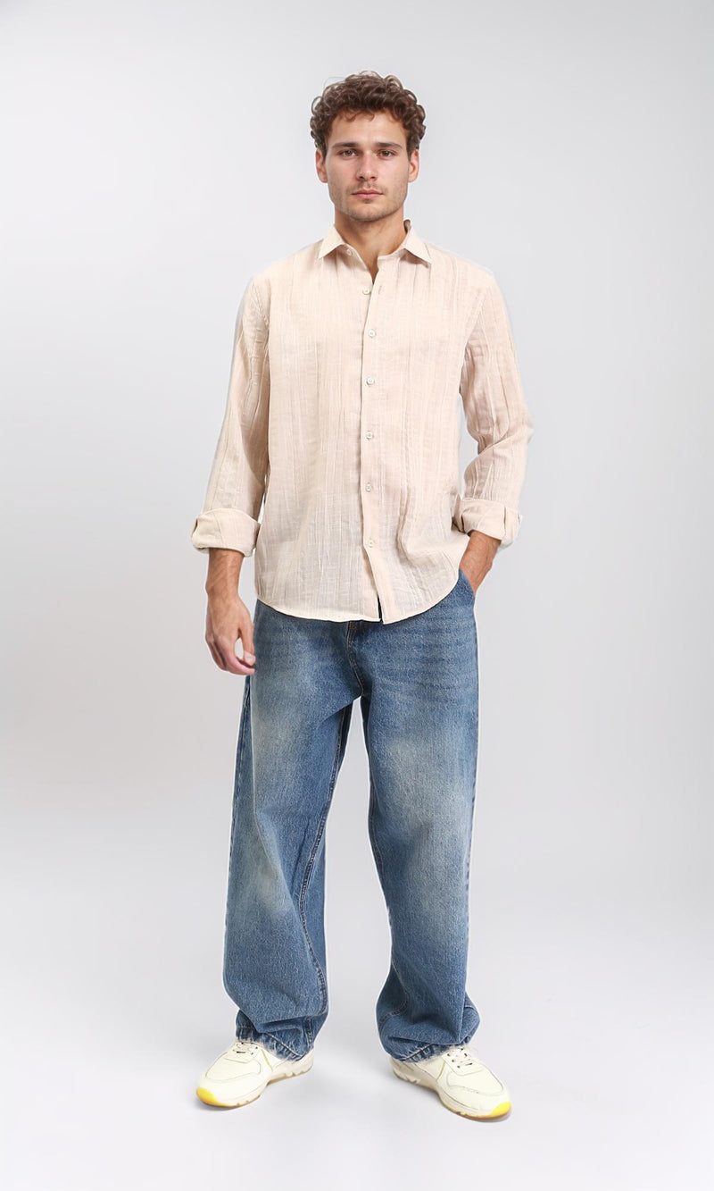 R207939 - Textured Long Sleeves Comfy Shirt - Dark Beige