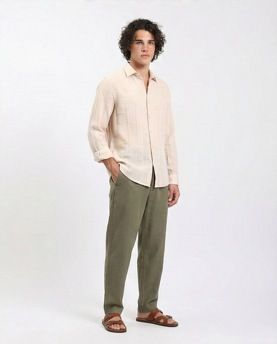 R207939 - Textured Long Sleeves Comfy Shirt - Dark Beige