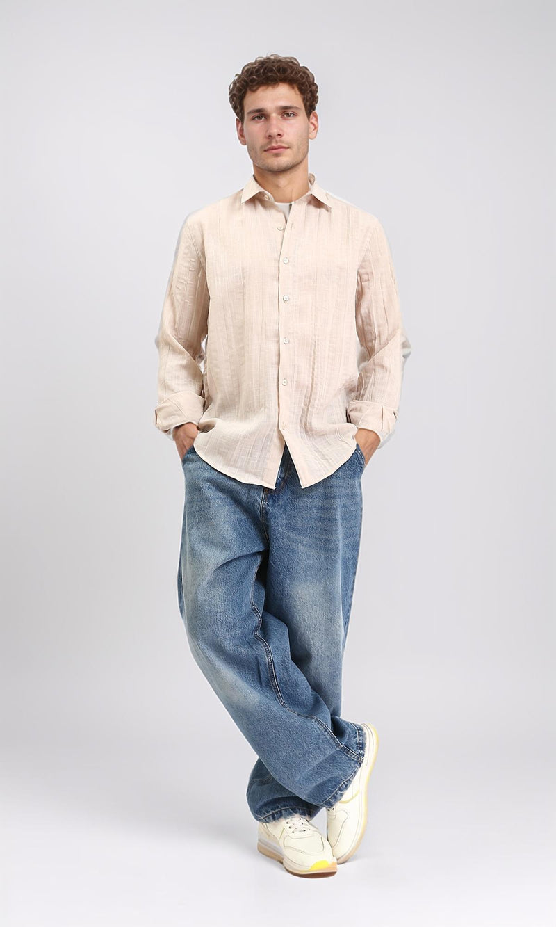 R207939 - Textured Long Sleeves Comfy Shirt - Dark Beige