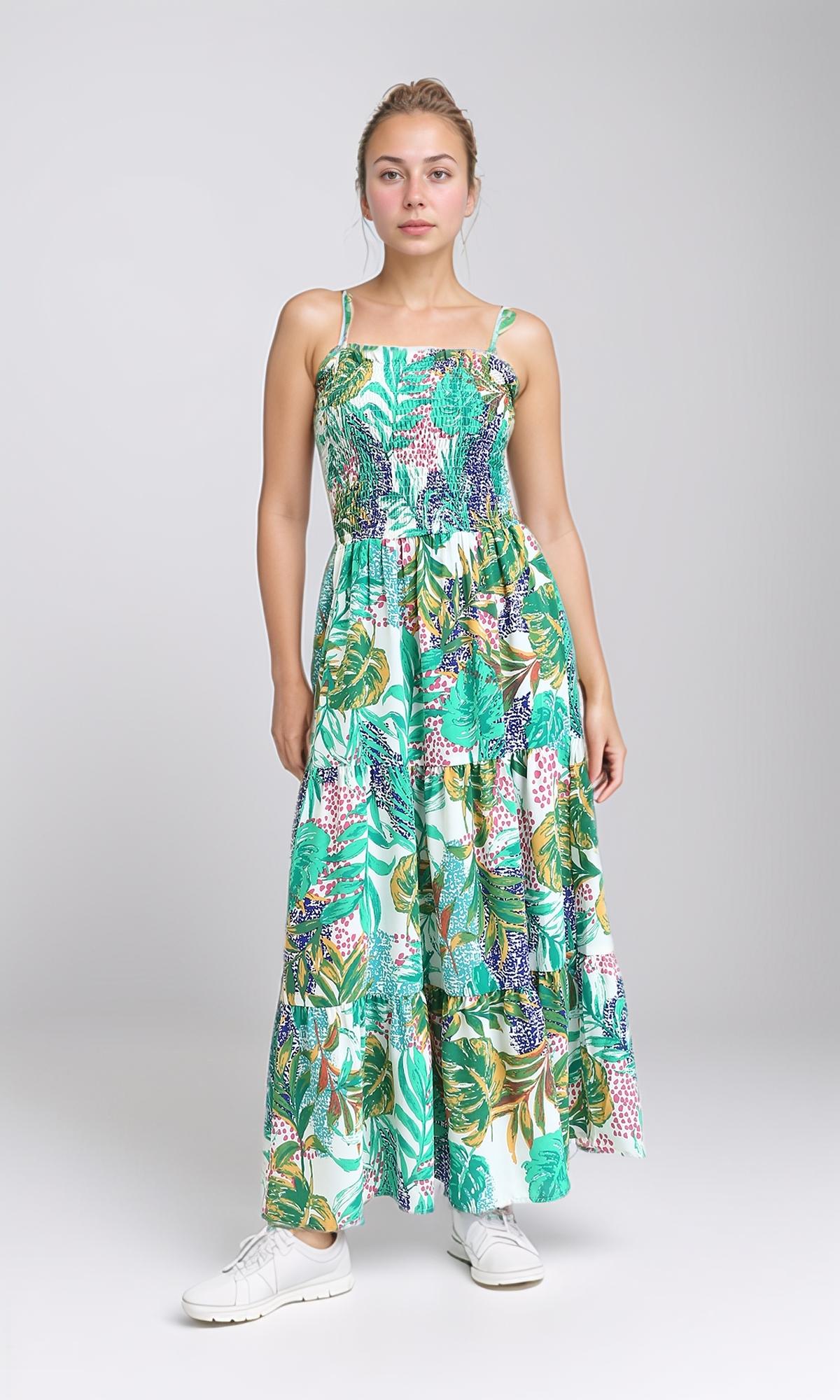 Square Neck Spaghetti Sleeves Dress - Green