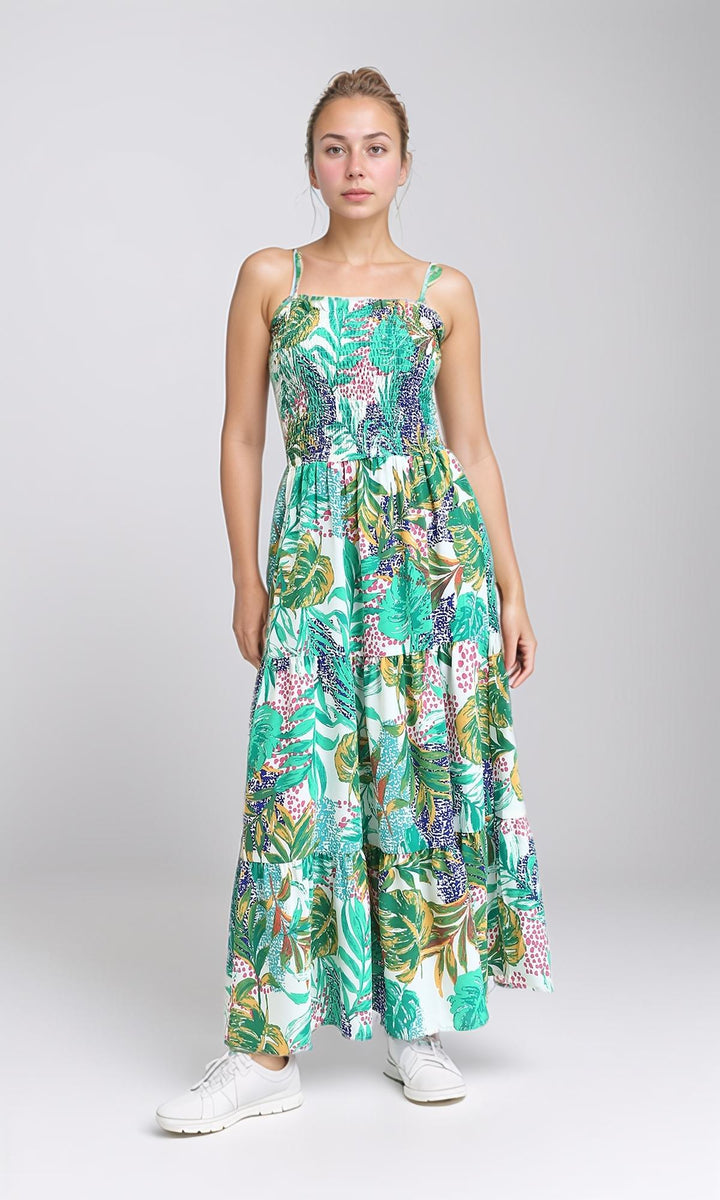 Square Neck Spaghetti Sleeves Dress - Green