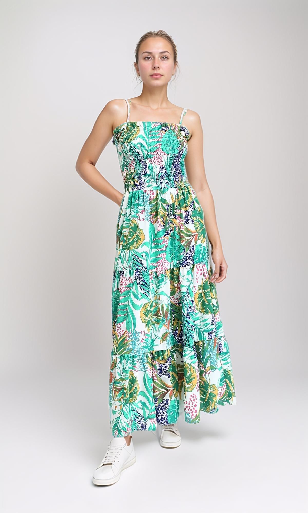 R207942 - Square Neck Spaghetti Sleeves Dress - Green