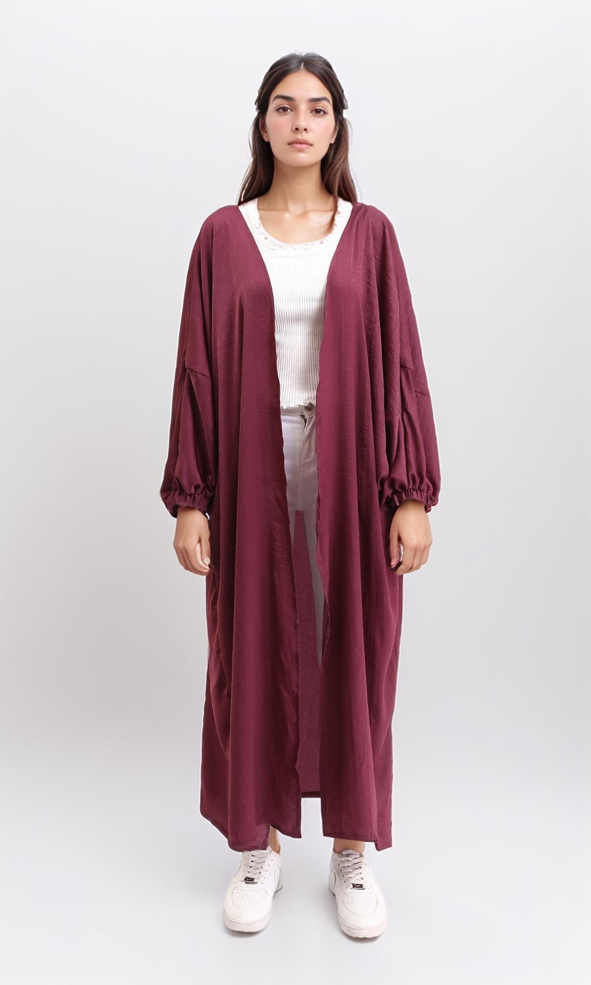 Slip On Textured Long Cardigan - Maroon