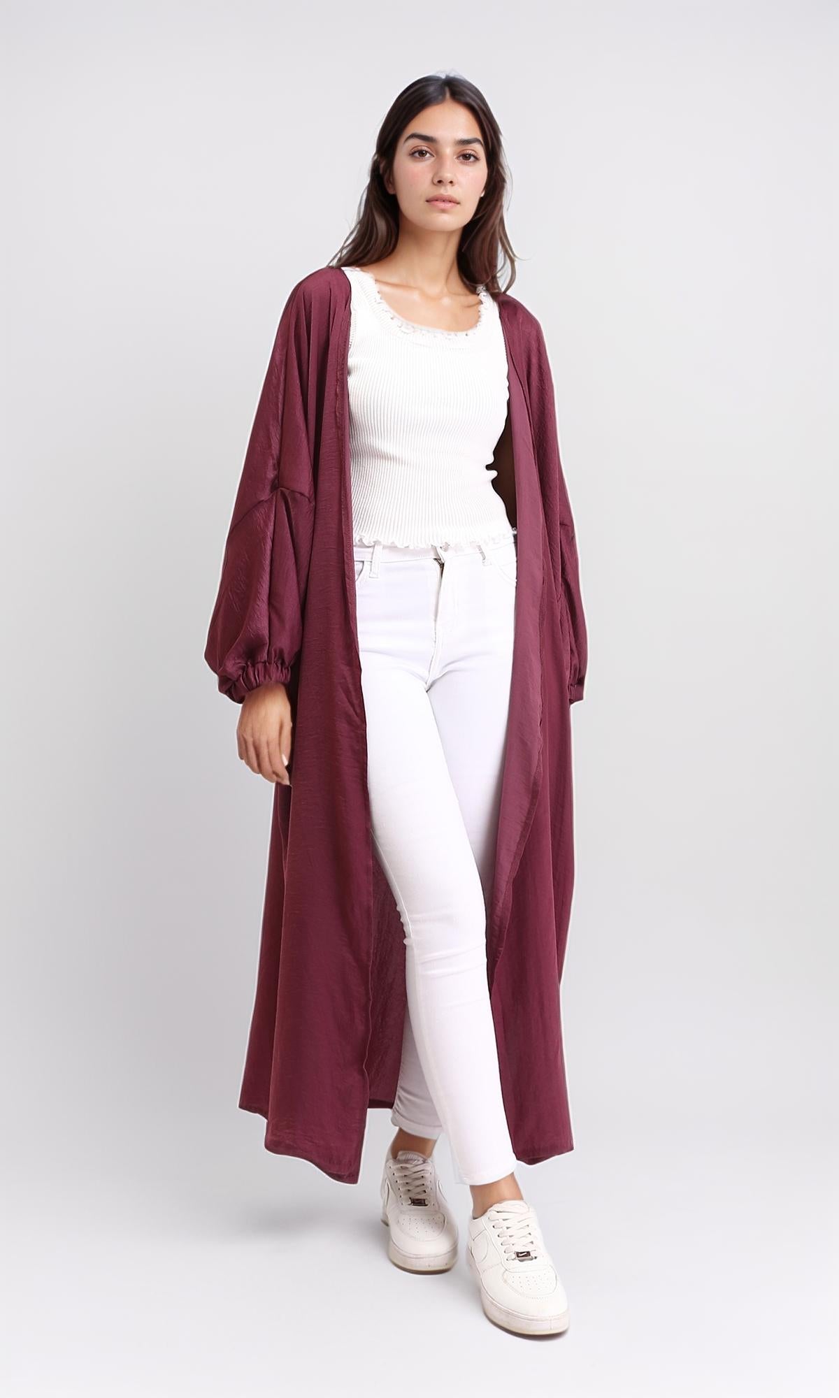 R207943 - كارديجان طويل منزلق ومحبوك - أحمر خمري