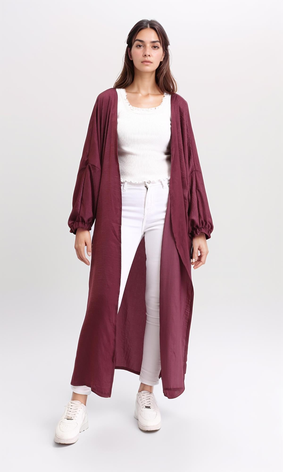 R207943 - كارديجان طويل منزلق ومحبوك - أحمر خمري