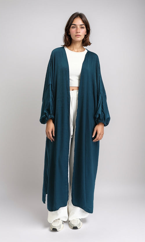 Long Sleeves Textured Long Cardigan - Teal