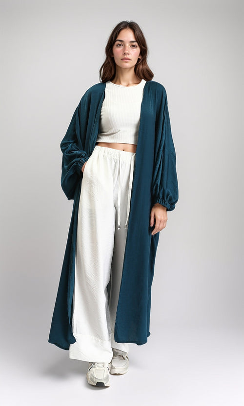 R207944 - Long Sleeves Textured Long Cardigan - Teal