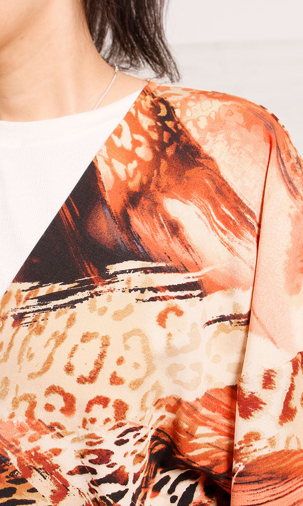 R207945 - Printed Linen Look Kimono - Abstract Brown