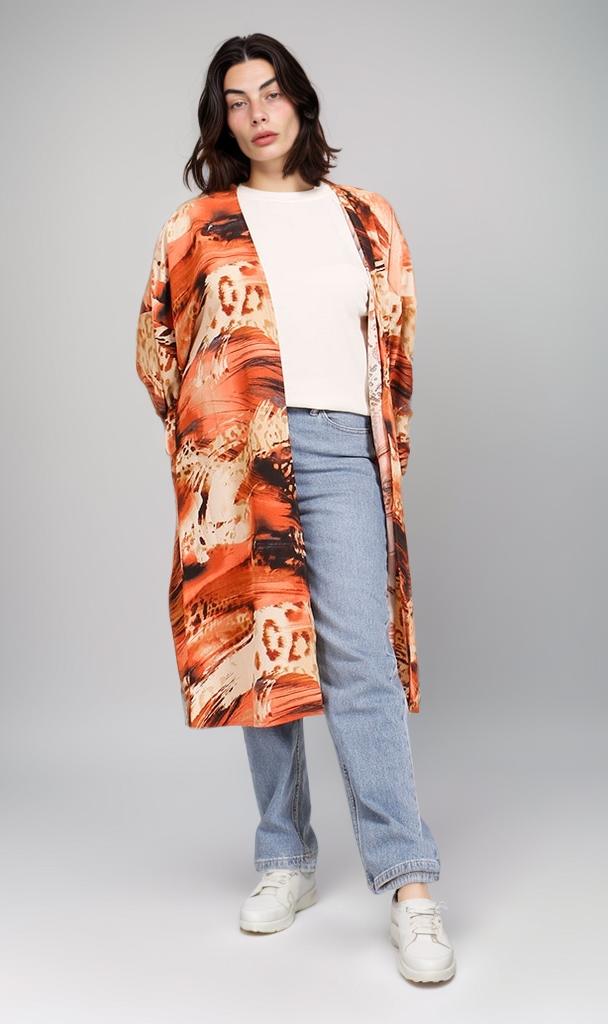 R207945 - Printed Linen Look Kimono - Abstract Brown