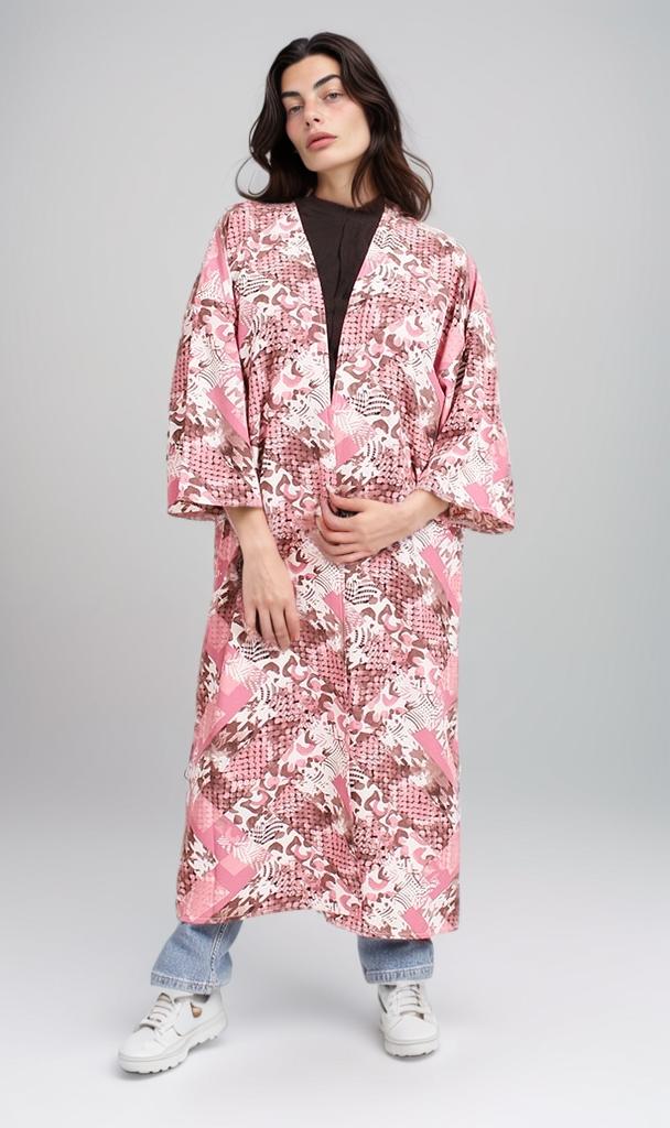 R207946 - Printed Linen Look Kimono - Pink Abstract