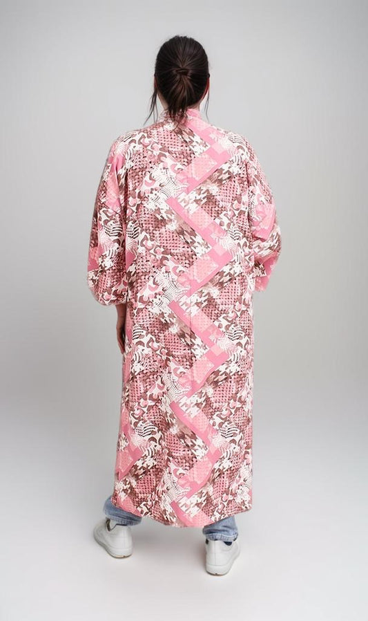 R207946 - Printed Linen Look Kimono - Pink Abstract