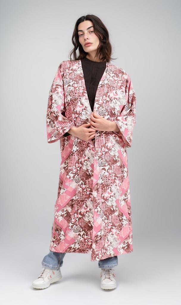 R207946 - Printed Linen Look Kimono - Pink Abstract