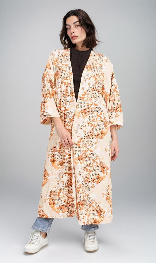 R207947 - Printed Linen Look Kimono - Beige & Orange Geometric