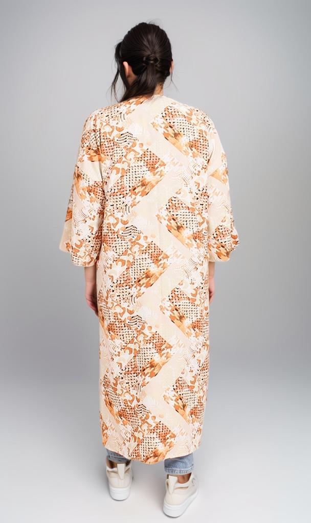 R207947 - Printed Linen Look Kimono - Beige & Orange Geometric