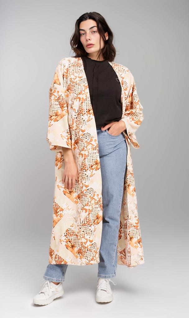 R207947 - Printed Linen Look Kimono - Beige & Orange Geometric