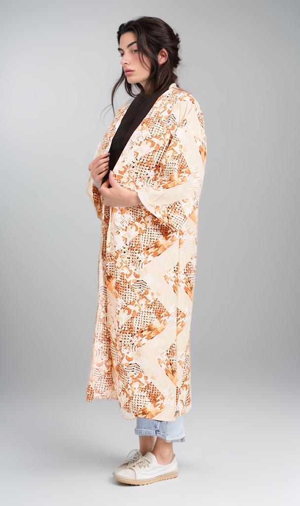 R207947 - Printed Linen Look Kimono - Beige & Orange Geometric