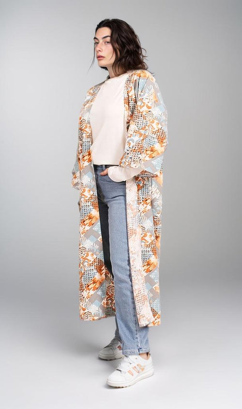 R207948 - Printed Kimono - Orange Geometric Pattern