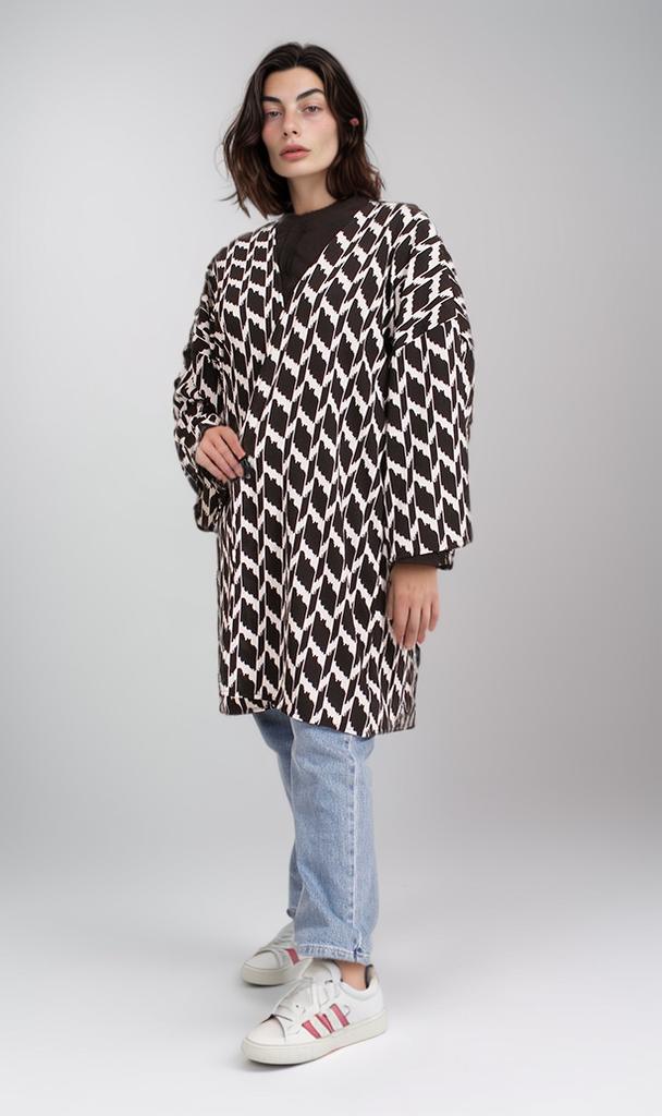 R207949 - Crepe Chiffon Printed Kimono - Black & White Geometric