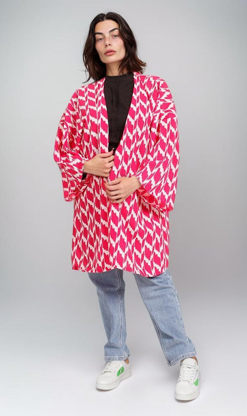 R207950 - Printed Crepe Chiffon Kimono - Red & White