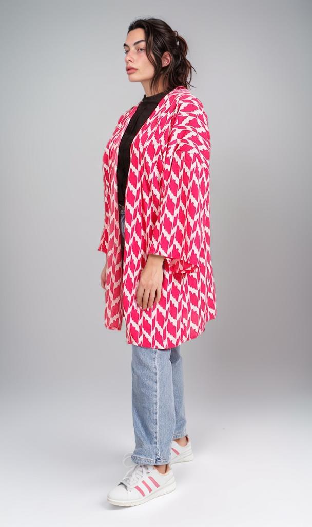 R207950 - Printed Crepe Chiffon Kimono - Red & White