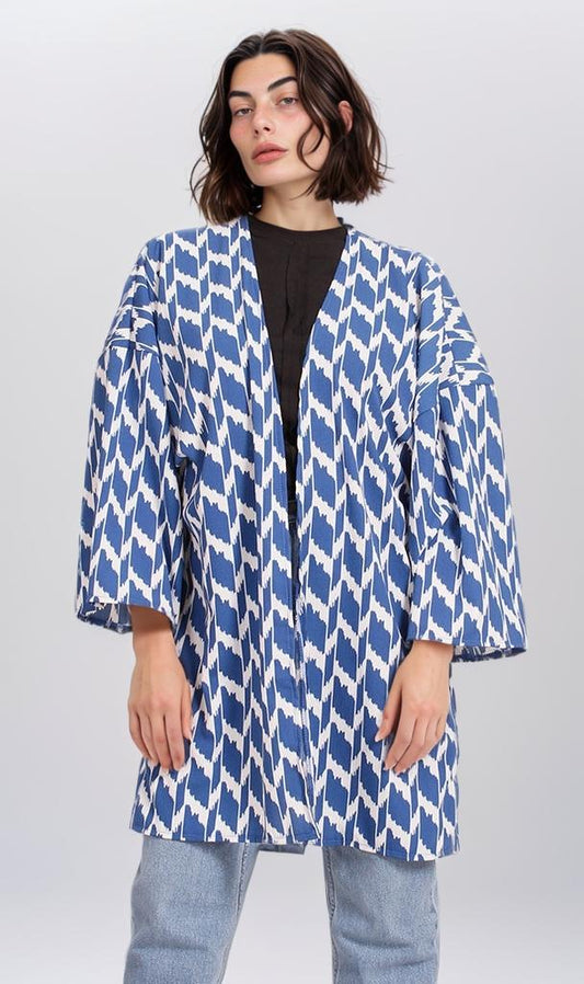 R207951 - Printed Crepe Chiffon Kimono - Blue & White