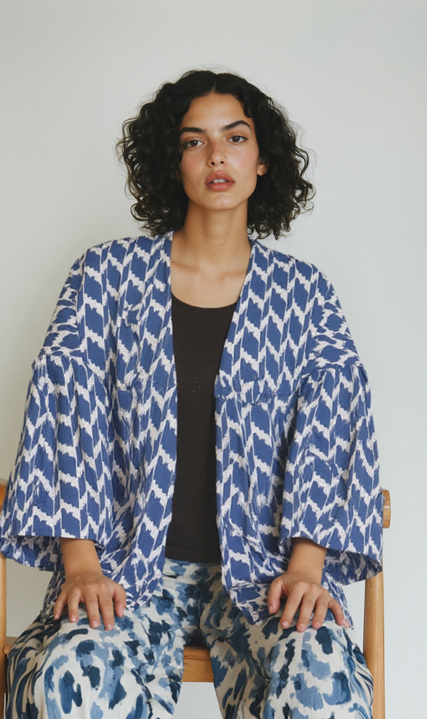 Printed Crepe Chiffon Kimono - Blue & White