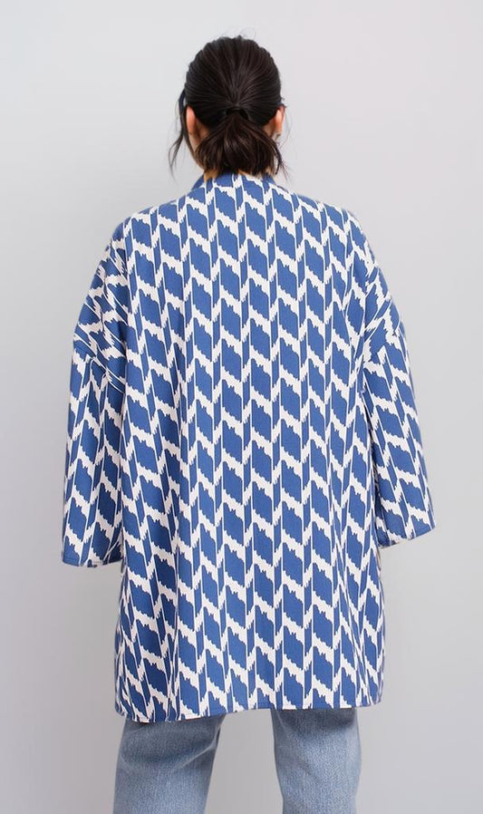 R207951 - Printed Crepe Chiffon Kimono - Blue & White