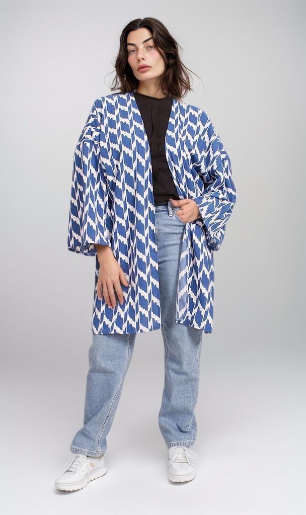 R207951 - Printed Crepe Chiffon Kimono - Blue & White