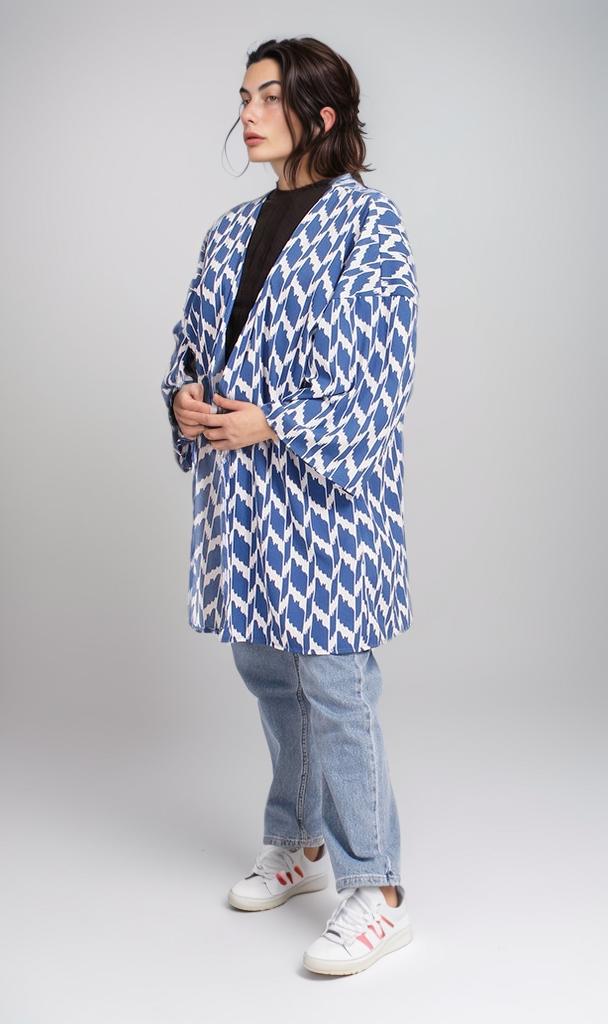 R207951 - Printed Crepe Chiffon Kimono - Blue & White