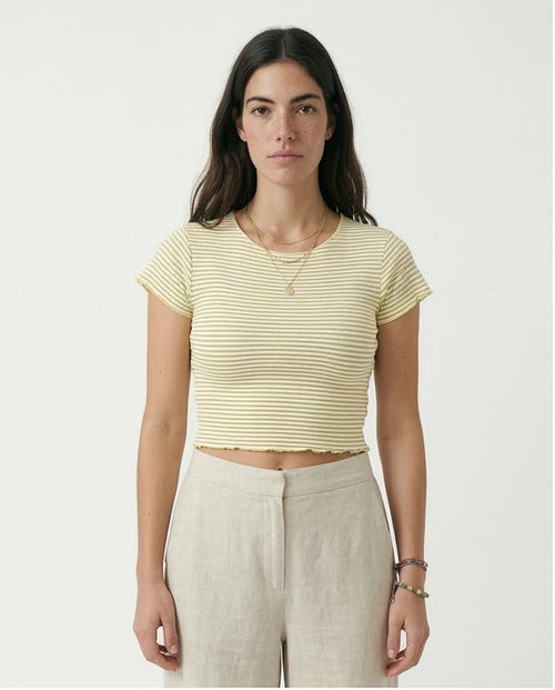 Woman wearing a yellow striped shirt and beige pants on a white background
