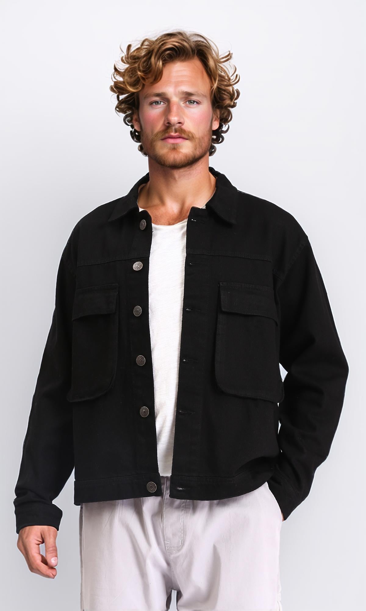 Solid Buttoned Jacket with Front Pockets - Black