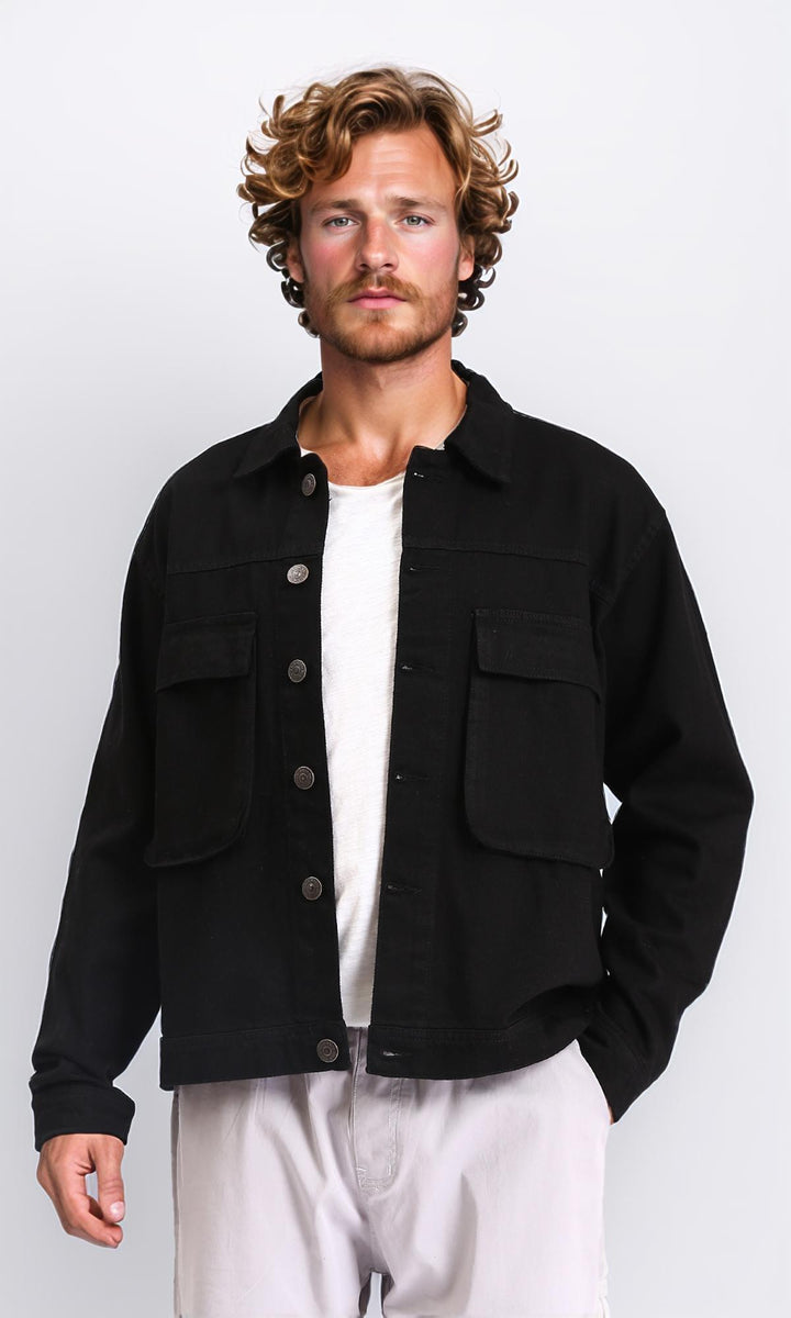 Solid Buttoned Jacket with Front Pockets - Black