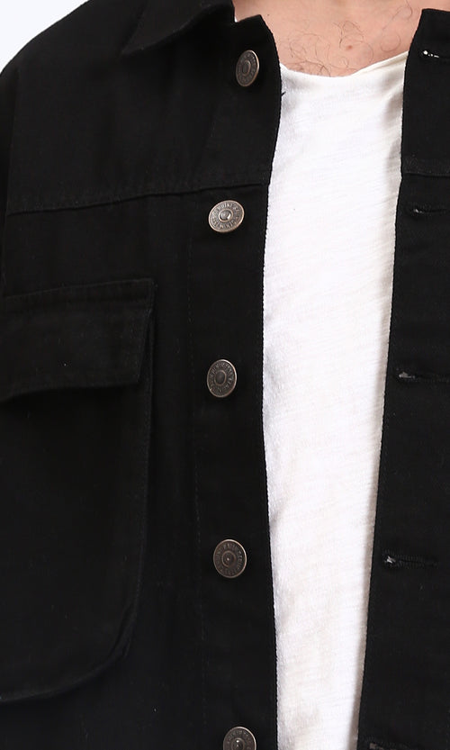 R207957 - Solid Buttoned Jacket with Front Pockets - Black