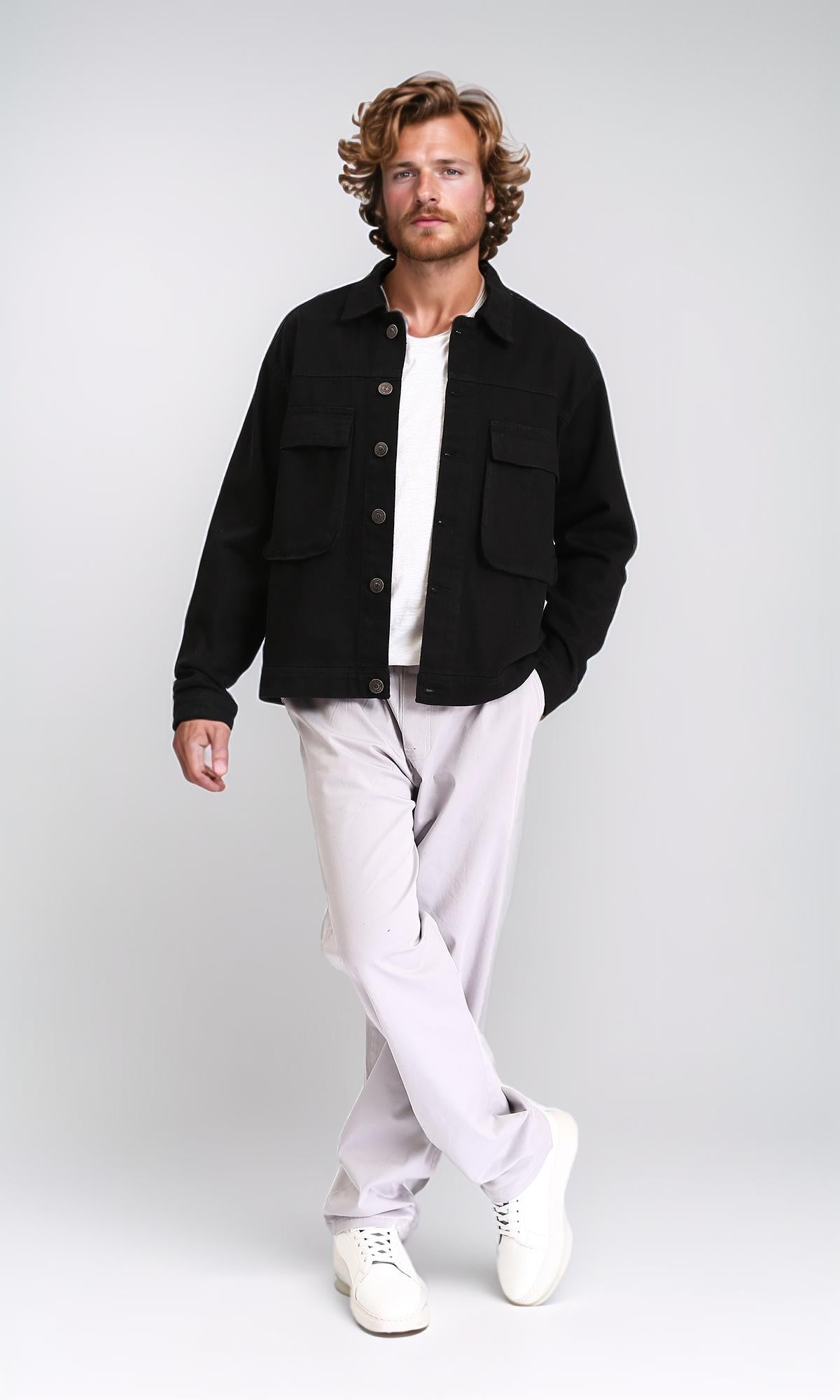 R207957 - جاكيت سادة بأزرار وجيوب أمامية - أسود