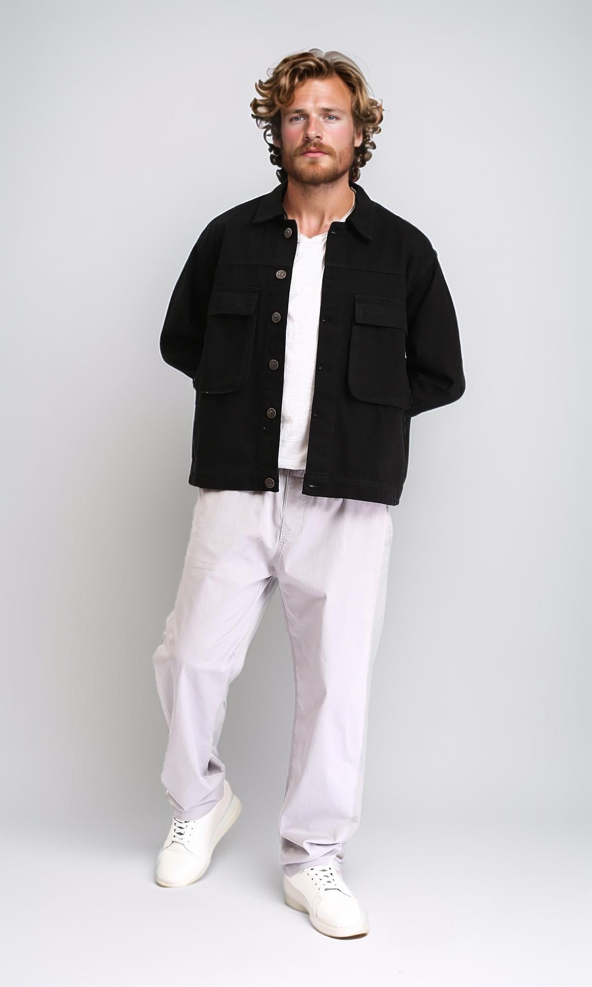 R207957 - جاكيت سادة بأزرار وجيوب أمامية - أسود