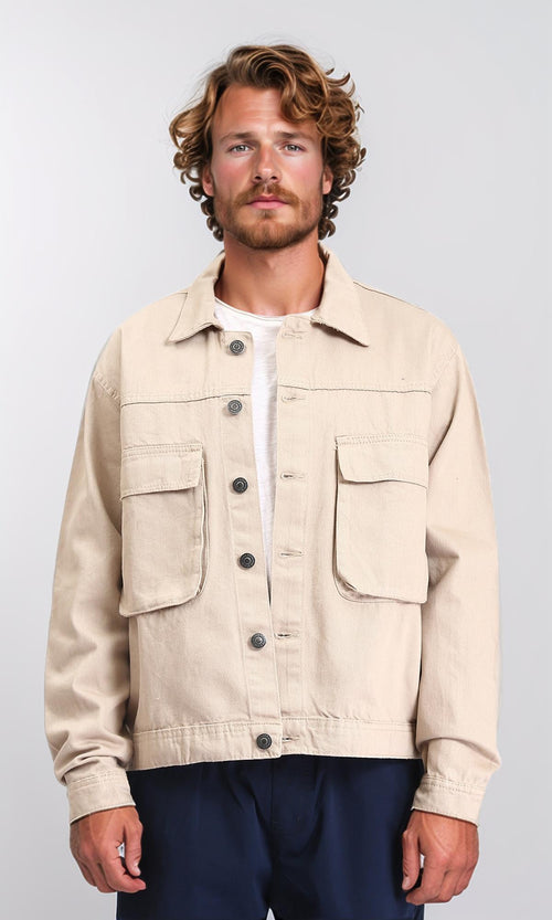R207959 - Solid Buttoned Jacket with Front Pockets - Beige