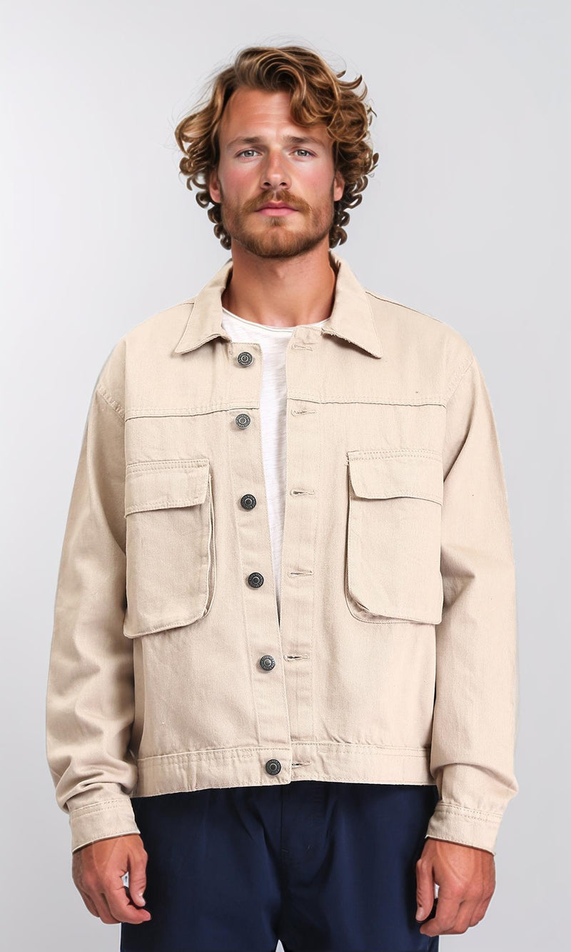 R207959 - Solid Buttoned Jacket with Front Pockets - Beige