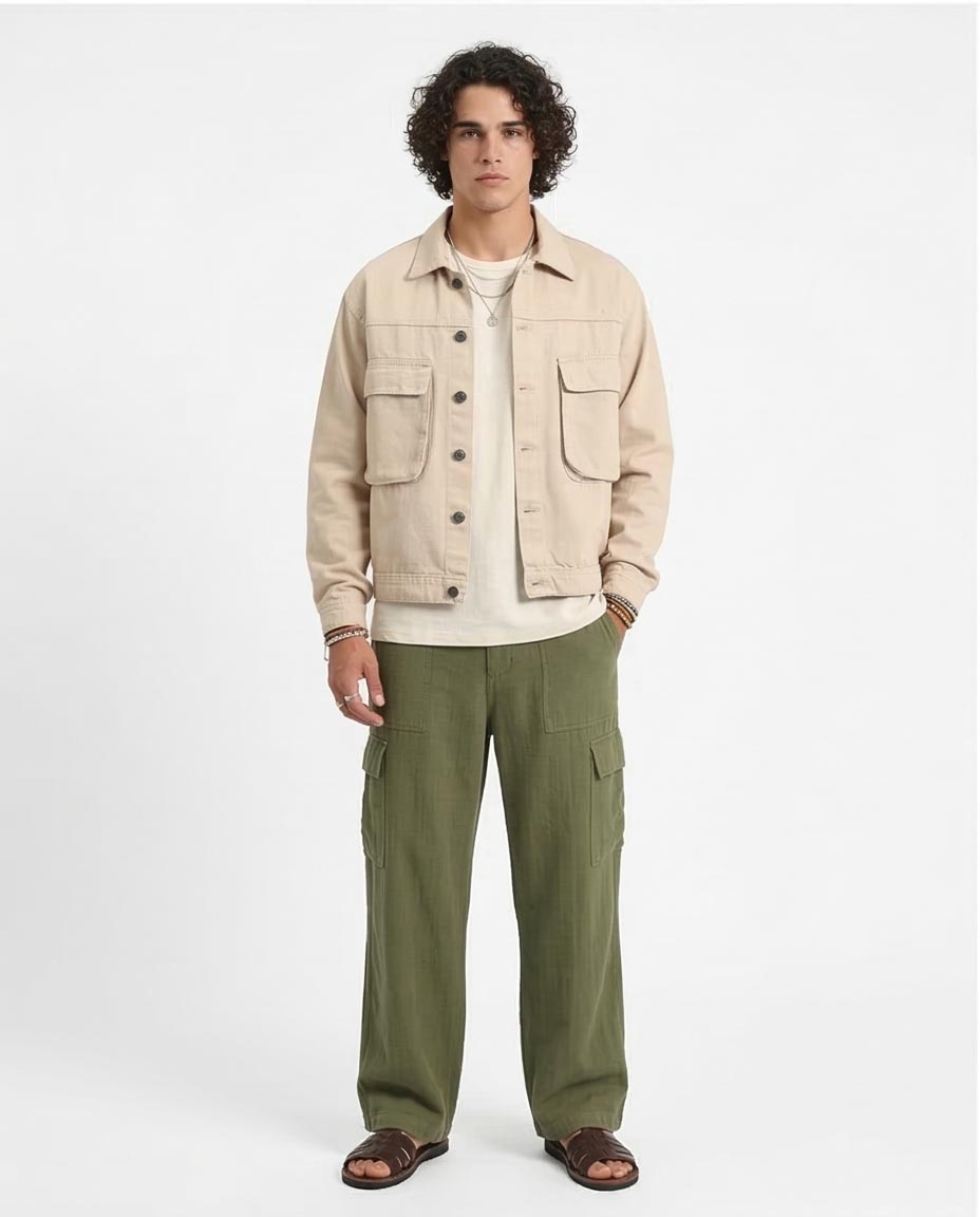 Stone Utility Trucker Jacket with Dual Chest Pockets - R207959