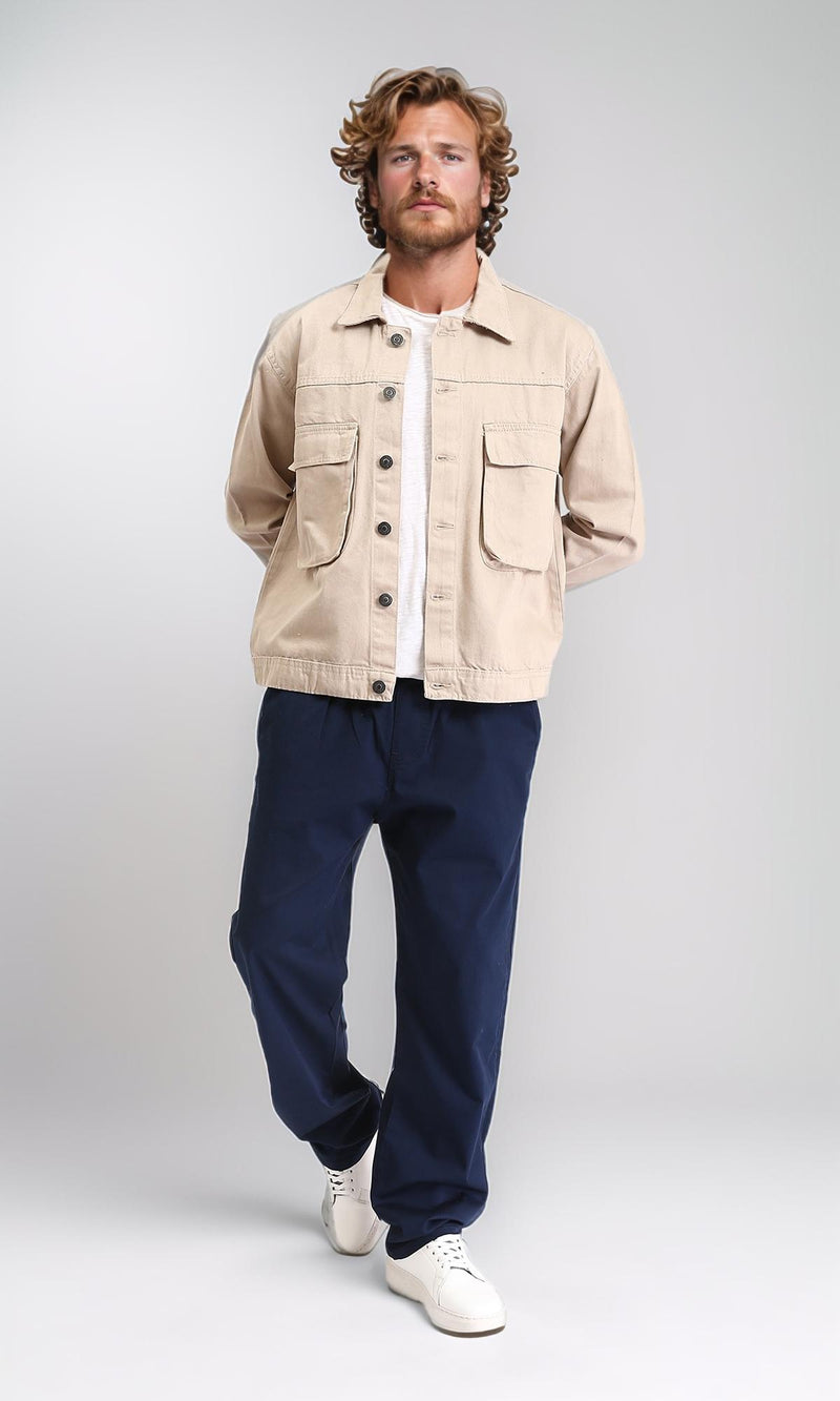 R207959 - Solid Buttoned Jacket with Front Pockets - Beige
